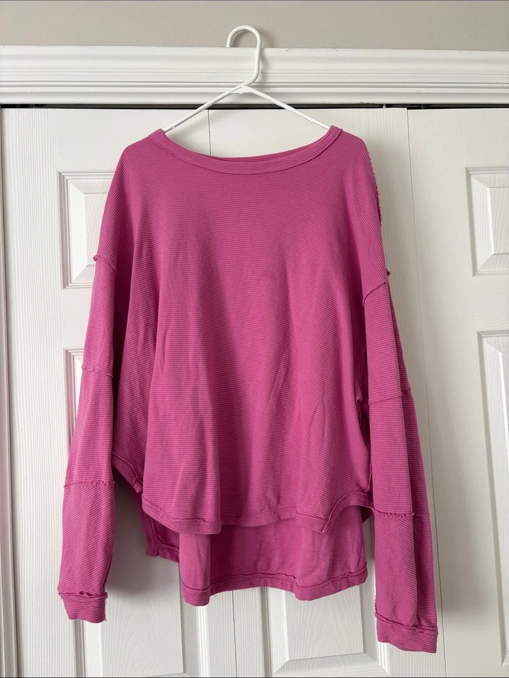 Free People Magenta Ribbed Drop-Shoulder Sweatshirt